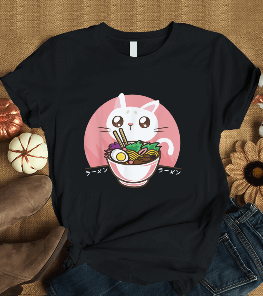 Kawaii Anime Cat with Japanese Ramen Noodles T-Shirt