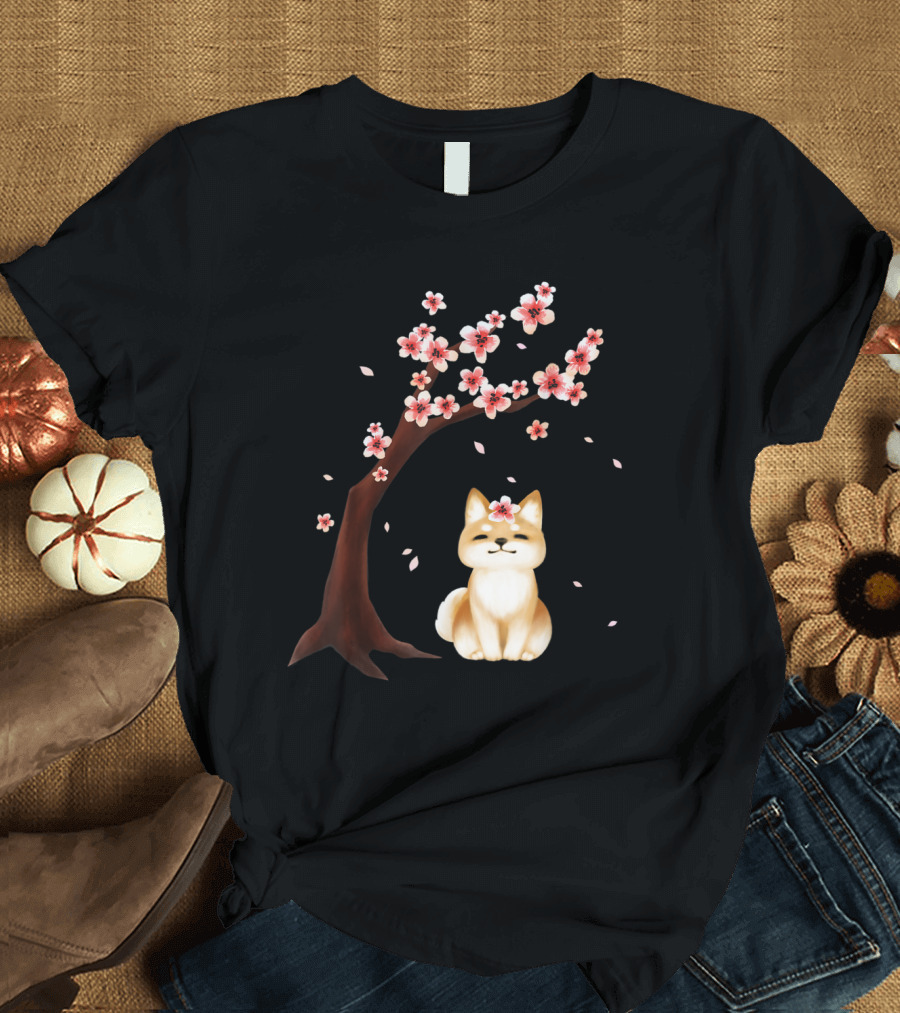 Shiba Inu Dog Under Cherry Blossom Sakura Tree T-Shirt