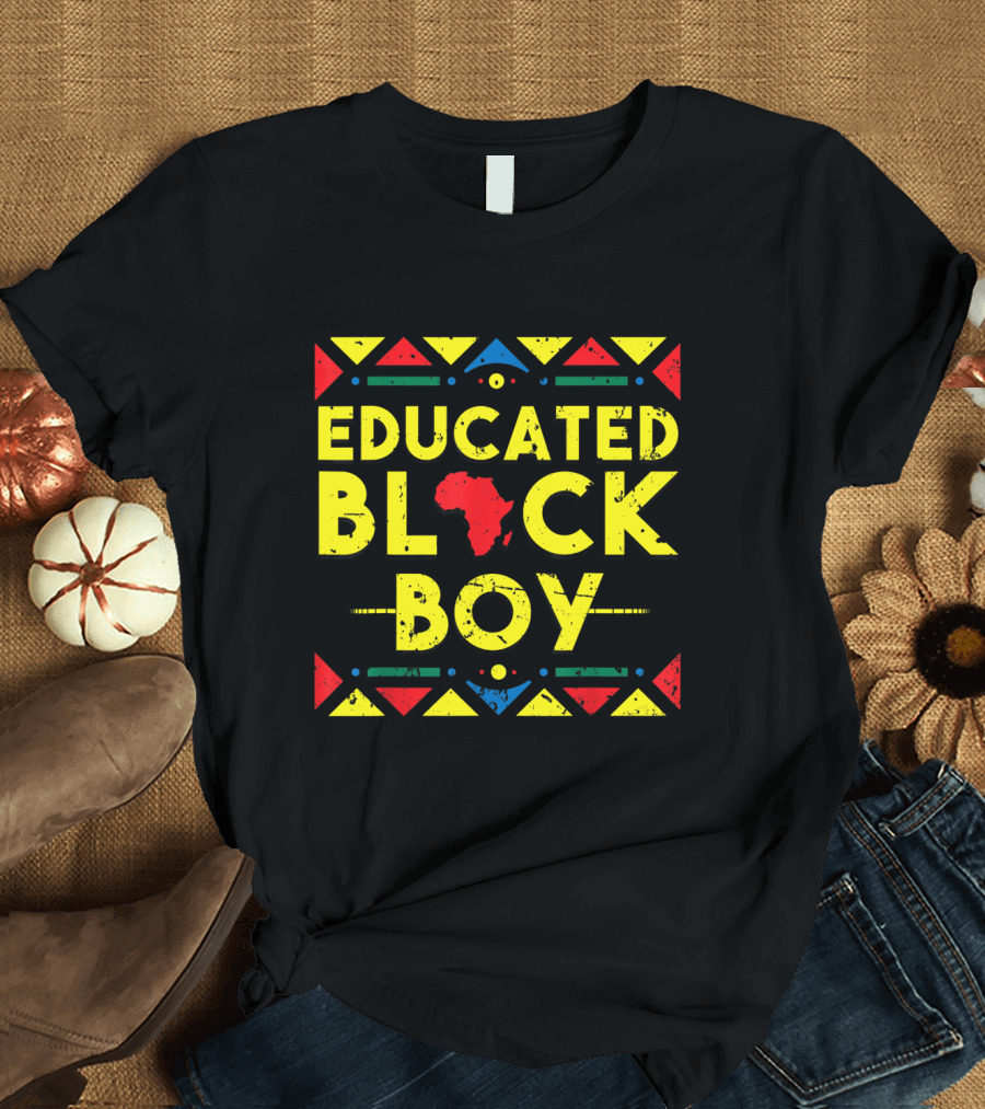 Educated Black Boy African Black History Text with Africa Map Icon and Colorful Tribal T-Shirt