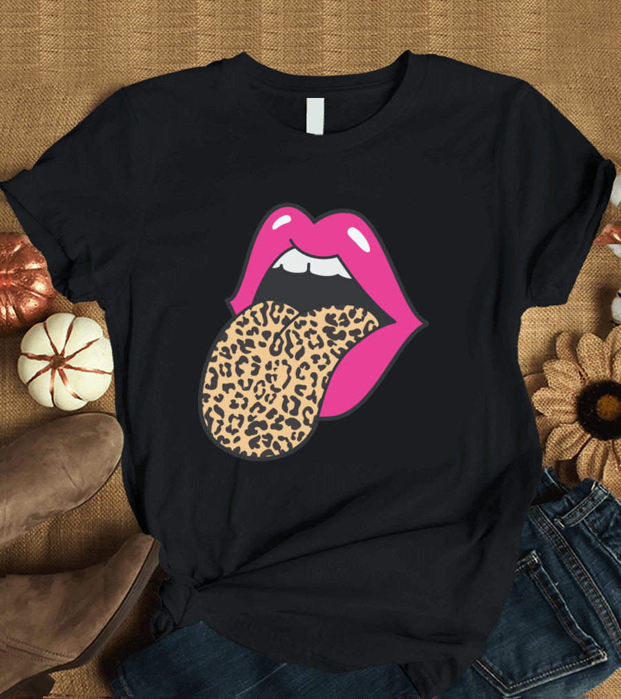 Hot Pink Lips Leopard Tongue Trendy Cheetah T-Shirt