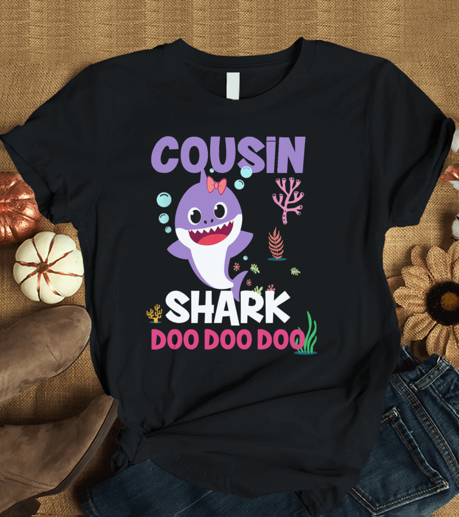 Cousin Shark Doo Doo Doo with Cute Cartoon Purple Shark and Sea Plants T-Shirt