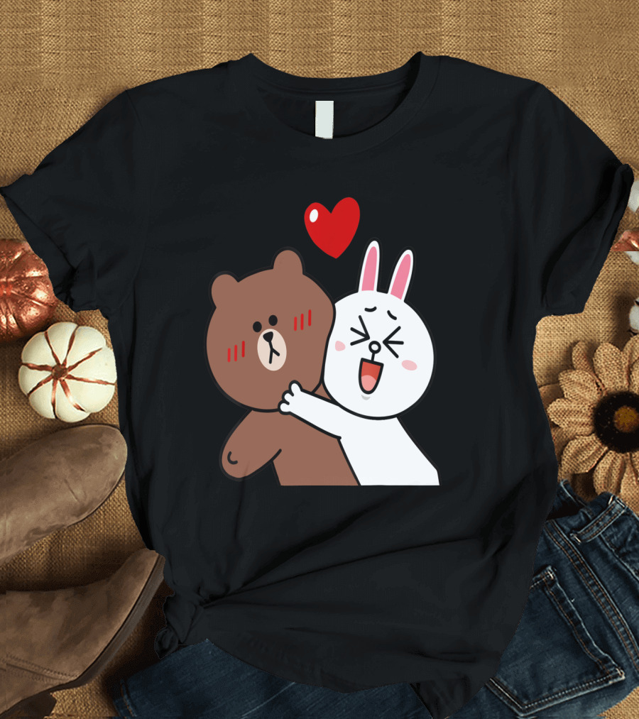 Brown Bear and Cony Bunny Hug with Heart Valentines T-Shirt