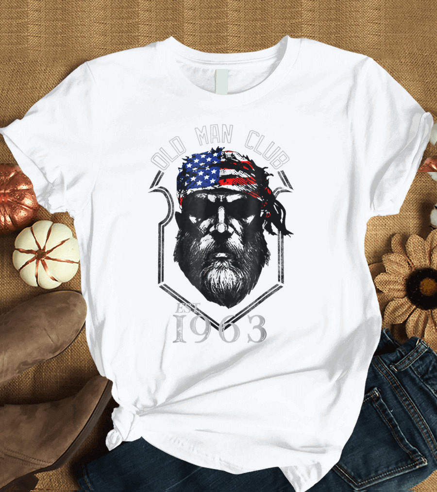 Old Man Club Est 1963 Patriotic Bandana American Flag Beard T-Shirt
