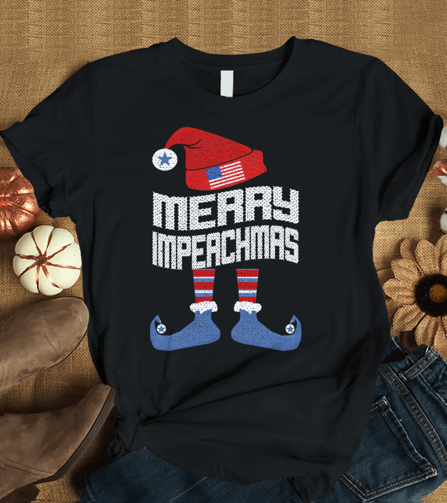 Merry Impeachmas Anti Trump Impeachment Elf American Flag Christmas Hat T-Shirt