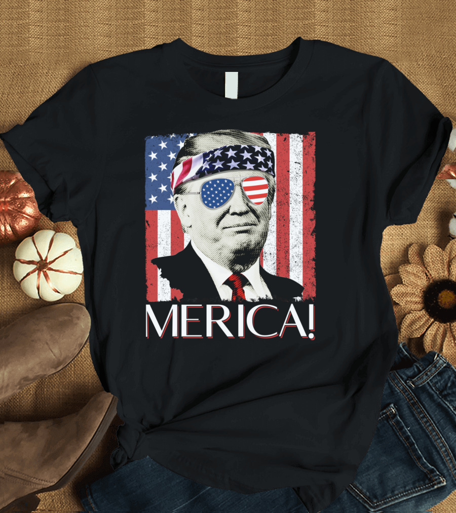 Donald Trump 'Merica Flag Bandana and Sunglasses with American Flag Background T-Shirt