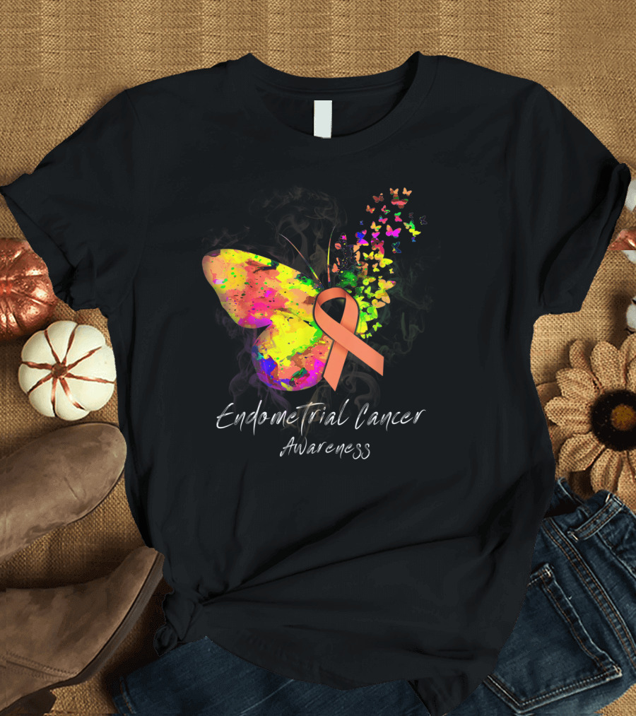 Endometrial Cancer Awareness Butterfly with Peach Ribbon Colorful T-Shirt