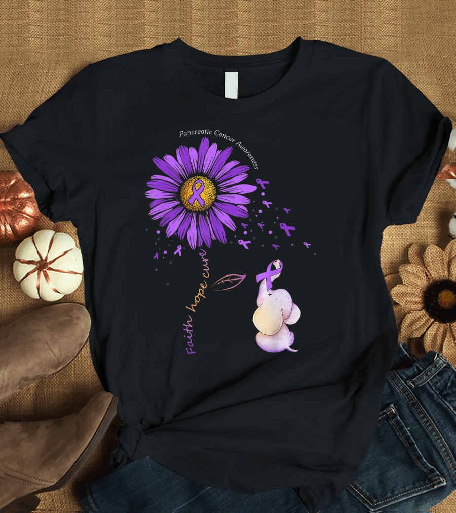 Pancreatic Cancer Awareness Faith Hope Cure Purple Ribbon Daisy Elephant T-Shirt