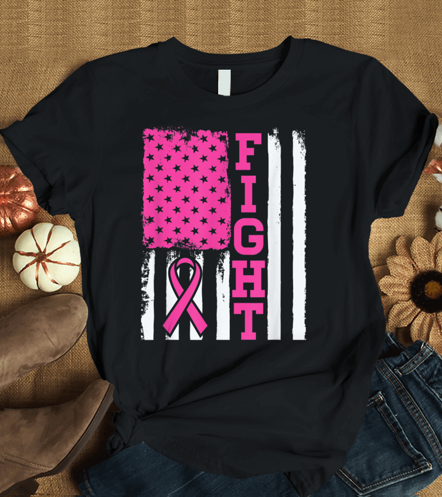 FIGHT Breast Cancer Awareness American Flag Pink T-Shirt