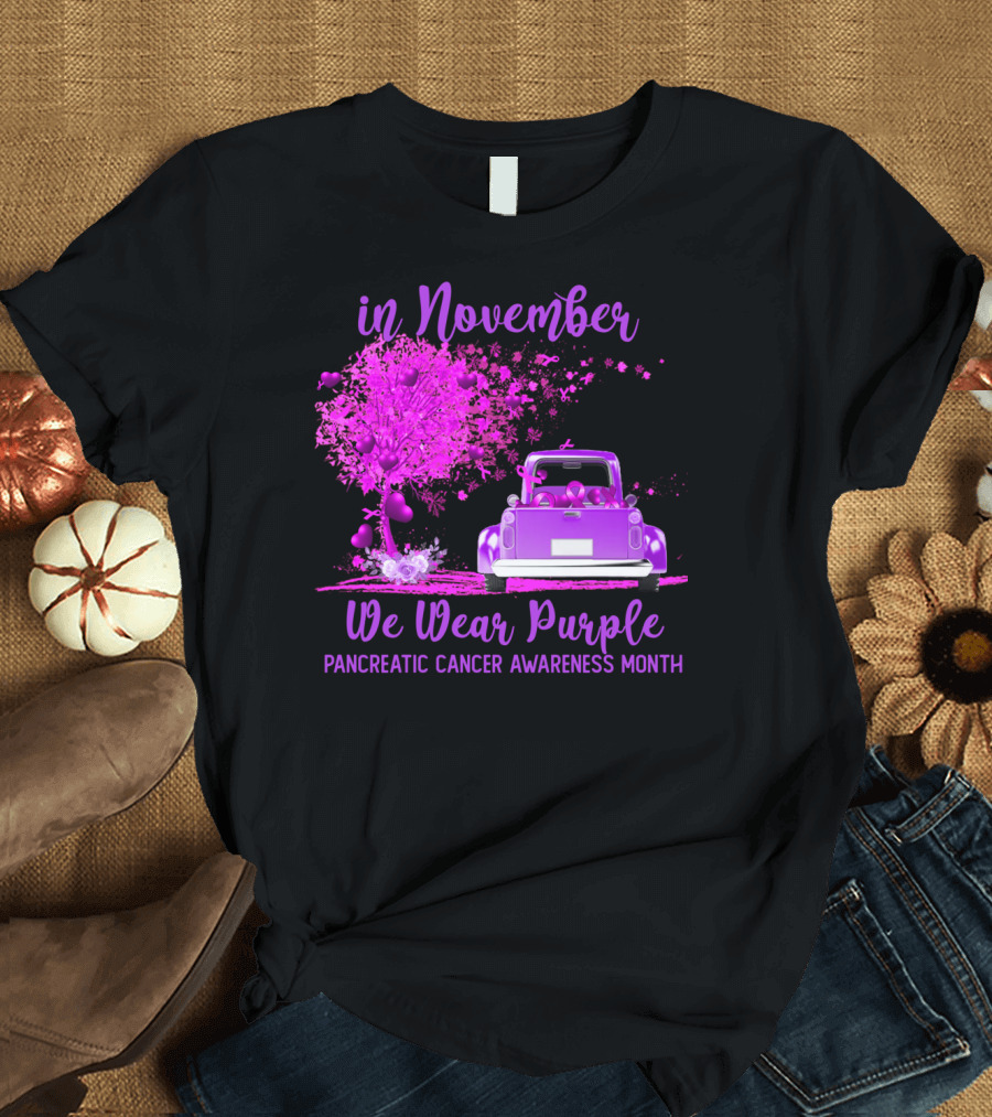 In November We Wear Purple Pancreatic Cancer Awareness Month Tree and Truck T-Shirt