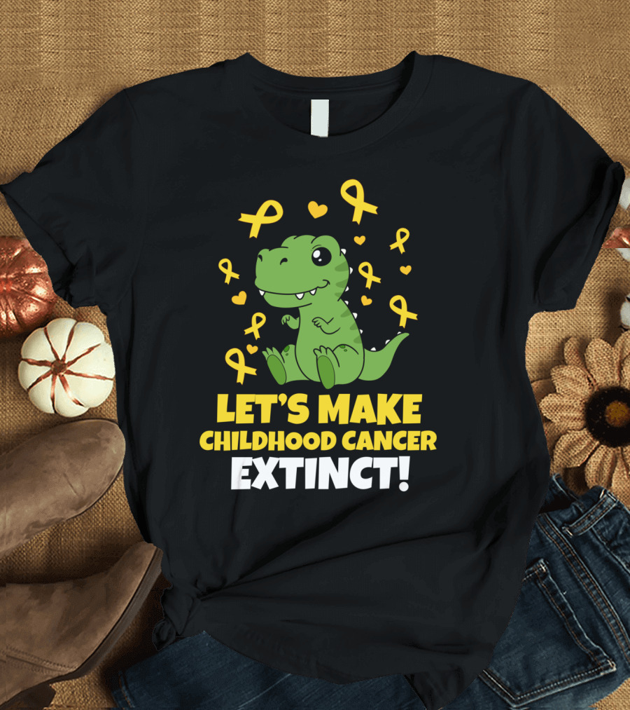 Let's Make Childhood Cancer Extinct Dinosaur Ribbon Hearts T-Shirt