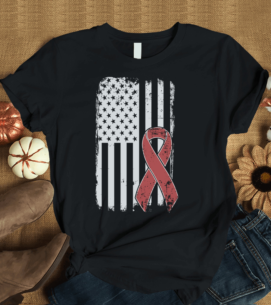 Multiple Myeloma Cancer Awareness Red Ribbon American Flag T-Shirt
