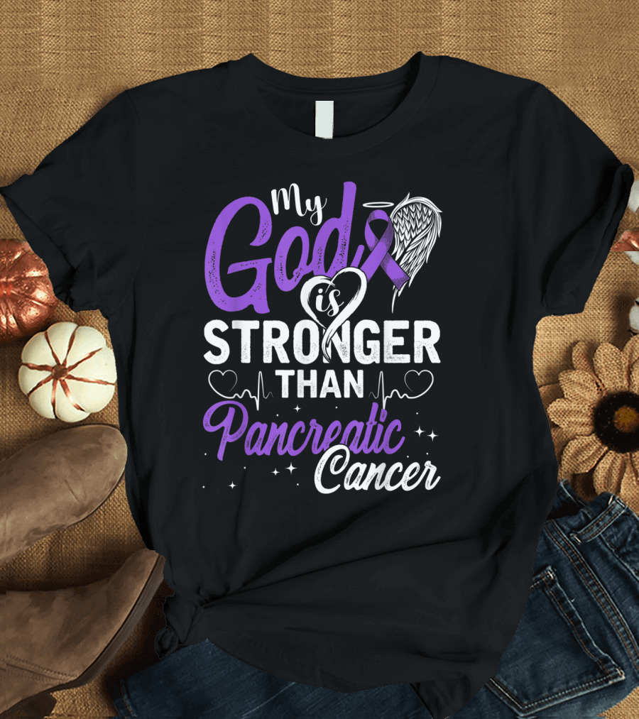 My God Is Stronger Than Pancreatic Cancer Purple Awareness T-Shirt