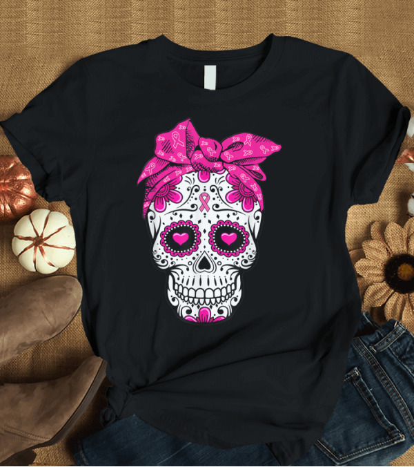 T-Shirt: Sugar Skull Pink Ribbon Bow Breast Cancer Awareness T-Shirt Sugar Skull Pink Ribbon Bow Breast Cancer Awareness T-Shirt