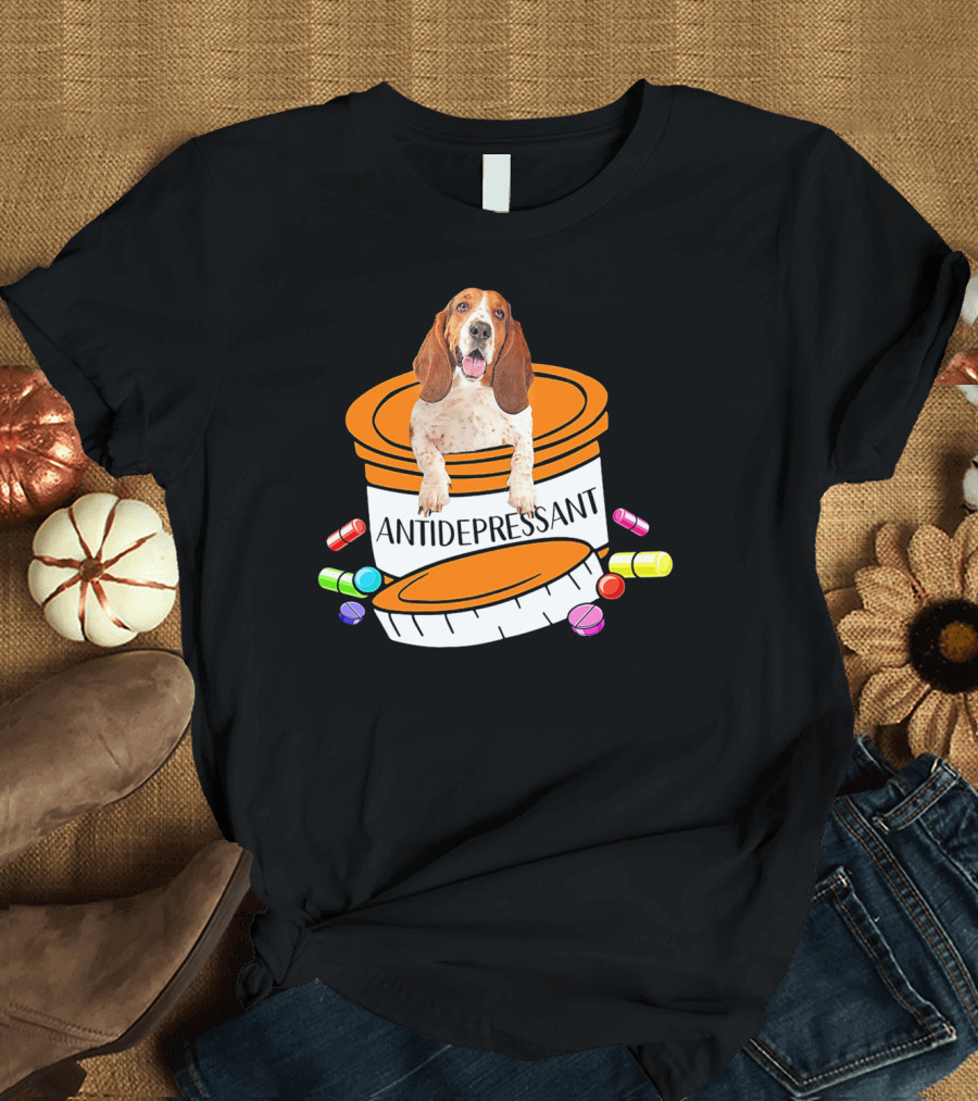 Basset Hound Antidepressant Prescription Bottle with Colorful Pills T-Shirt