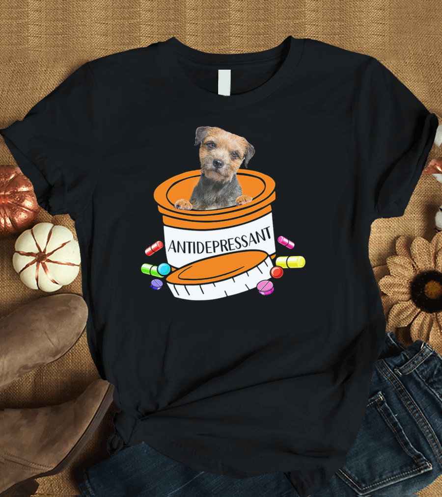 Border Terrier Inside Antidepressant Pill Bottle with Colorful Capsules T-Shirt