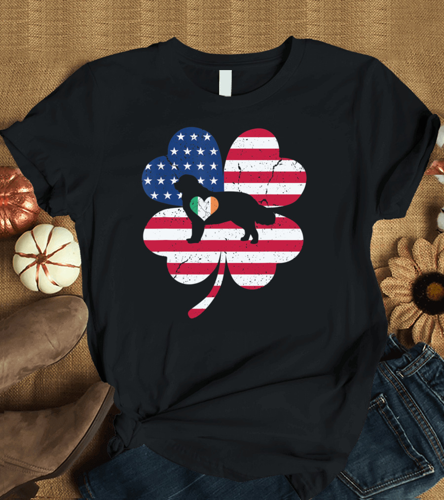 Newfoundland Dog American Flag Clover St Patrick's Day Irish American T-Shirt