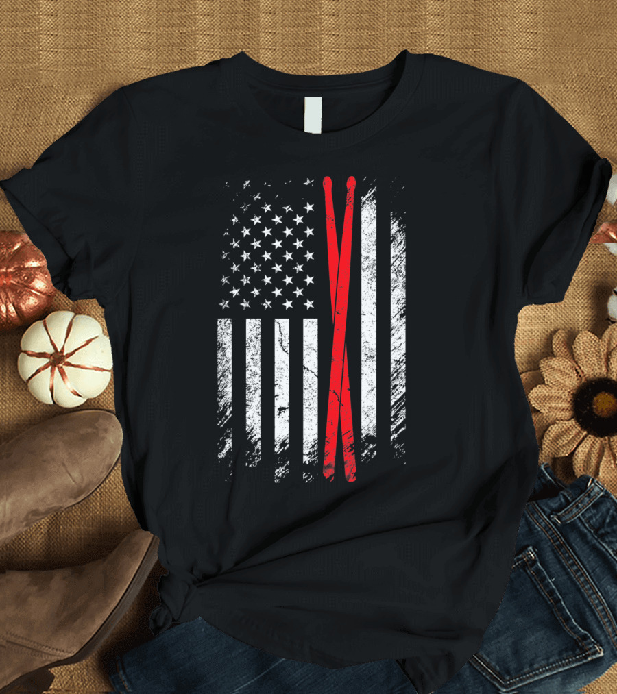 Vintage American Flag Design with Red Drum Sticks T-Shirt