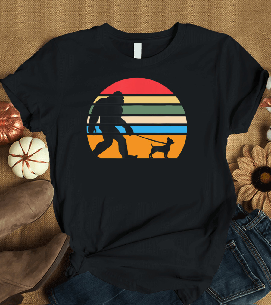 Dog Lover Bigfoot Walking Chihuahua Retro Sunset T-Shirt