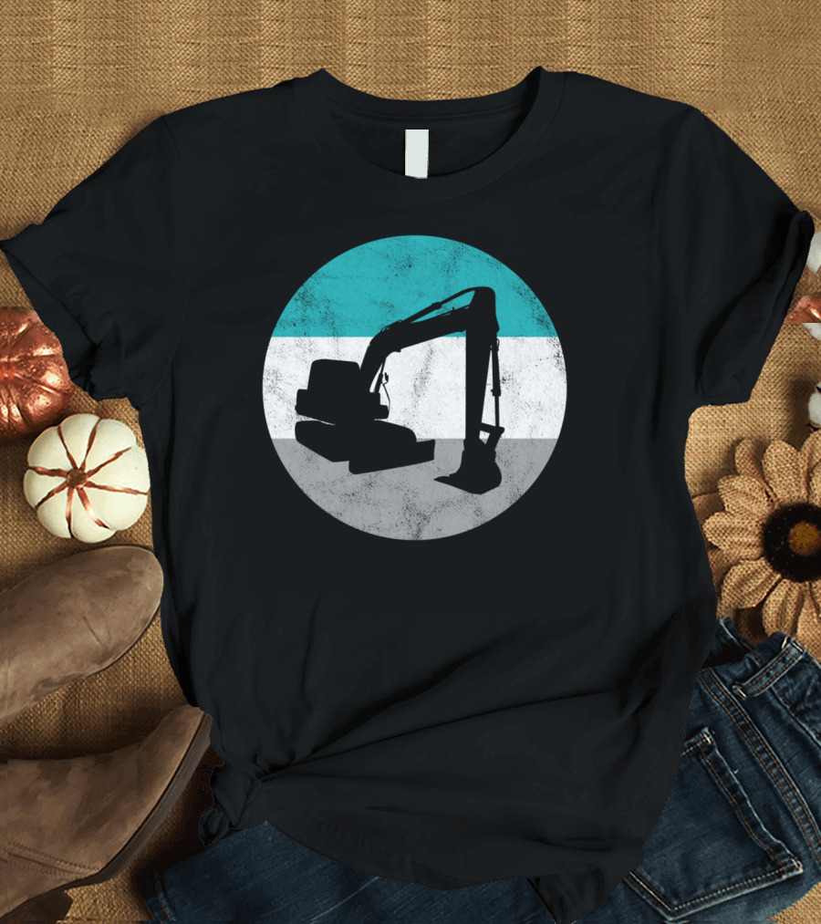 Excavator Construction Teal White Gray Circle Boys and Girls T-Shirt
