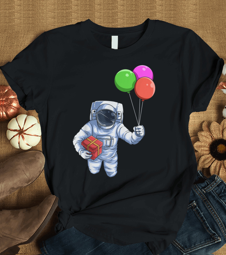 Astronaut Birthday Party with Balloons and Gift T-Shirt