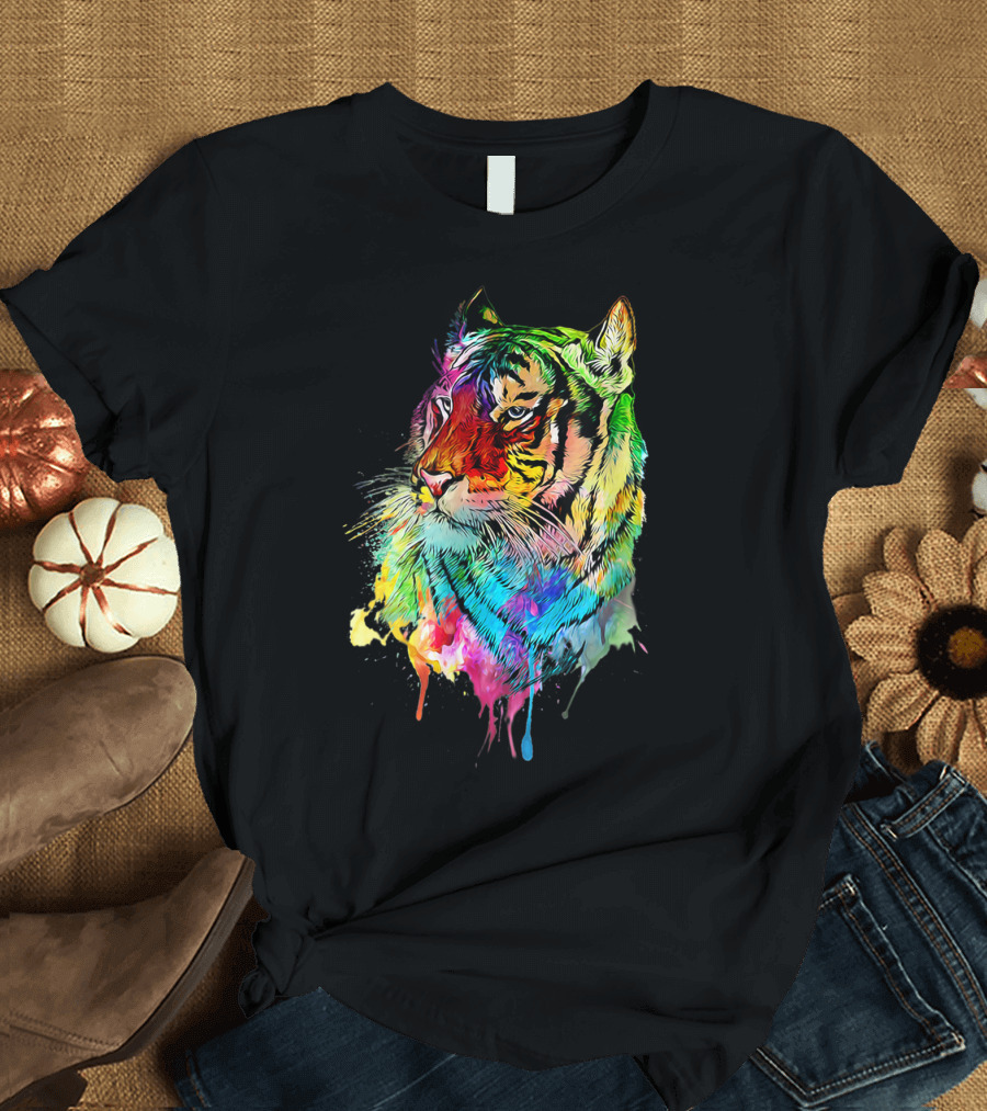 Tiger Watercolor Big Cat Colorful Rainbow Splash T-Shirt