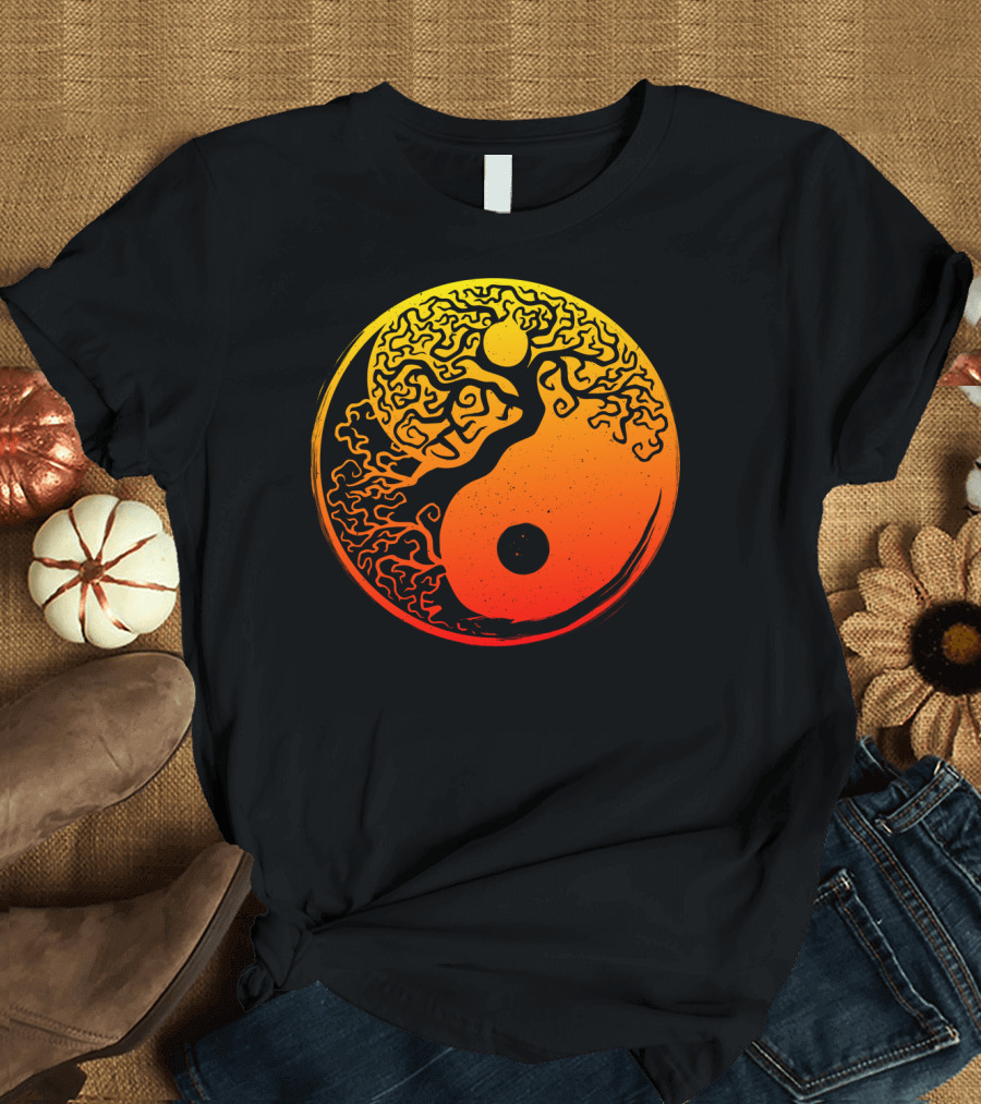 Yin Yang Bonsai Tree with Japanese Golden Sun T-Shirt