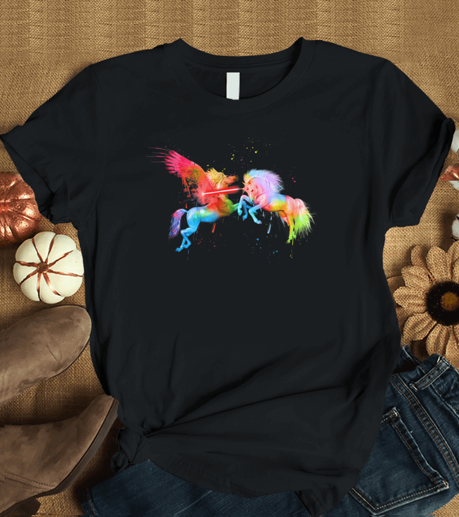 Unicorn Vs Pegasus Laser Battle Rainbow Splatter T-Shirt