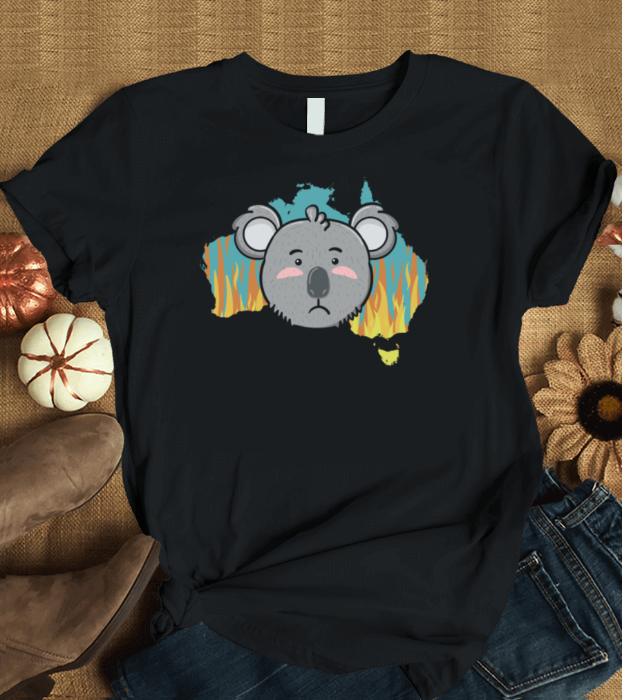 Save Koalas Australia Map with Sad Koala and Fire Awareness T-Shirt