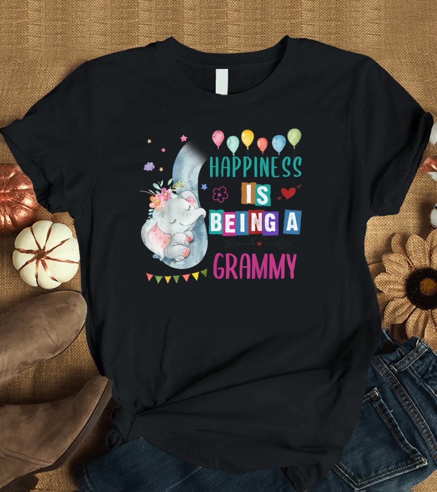 Happiness Is Being A Grammy Elephant Balloons Hearts Floral T-Shirt