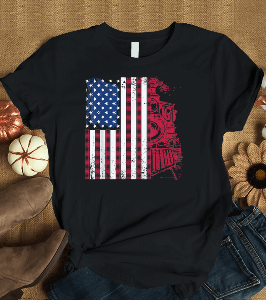 USA Flag with Train Engine Graphic for Railroad Lovers T-Shirt