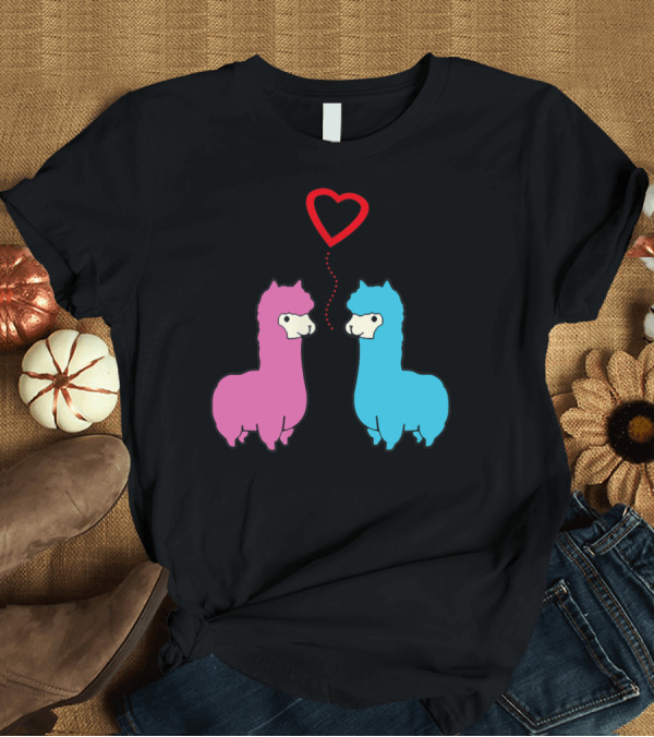 T-Shirt: Cute Male And Female Alpaca Sharing Romantic Heart Connection T-Shirt Cute Male And Female Alpaca Sharing Romantic Heart Connection T-Shirt