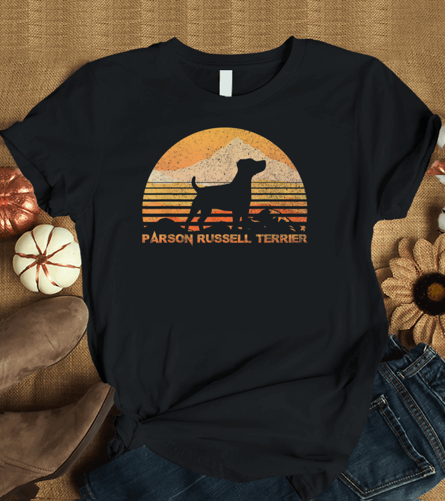 Parson Russell Terrier Silhouette Vintage Sunset Stripe T-Shirt
