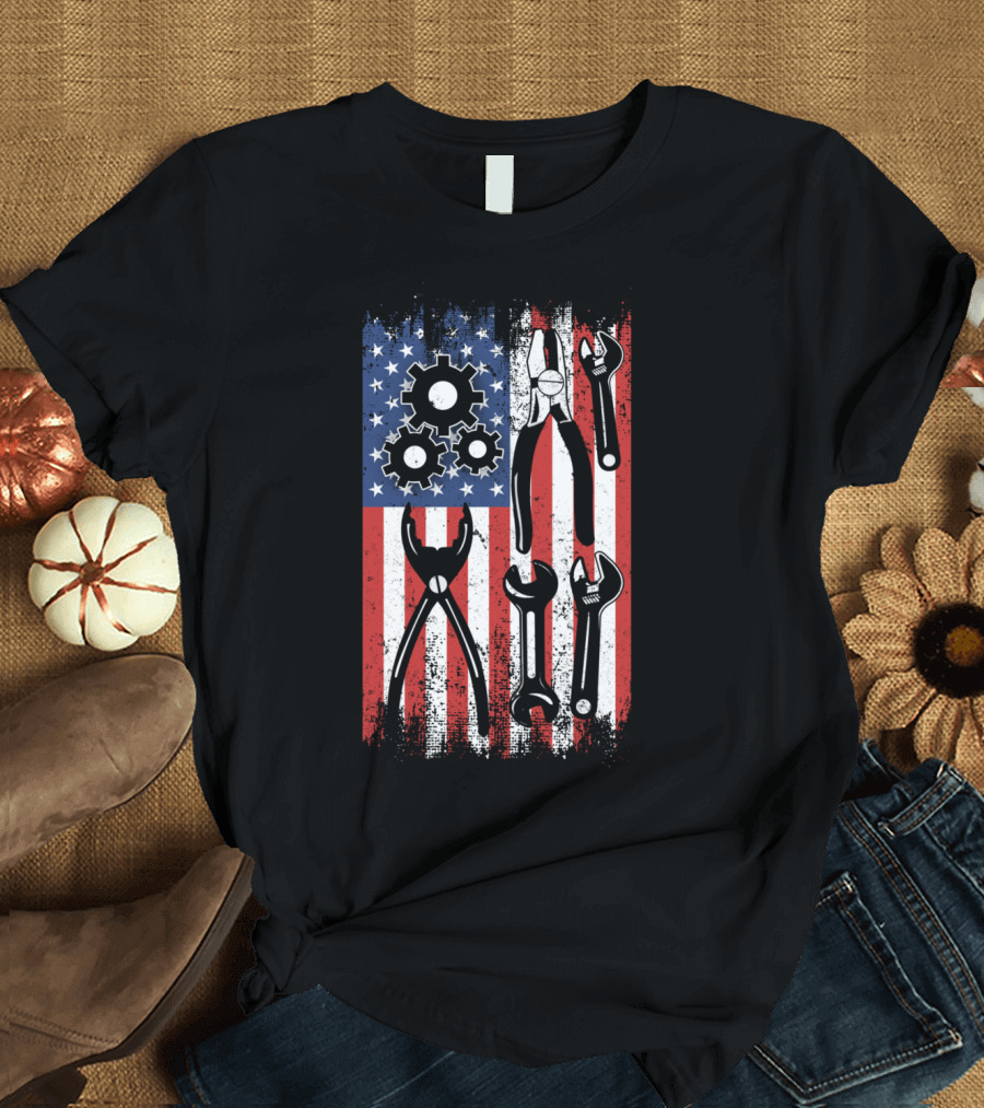 Patriotic USA Red White Blue American Flag with Tools and Gears T-Shirt