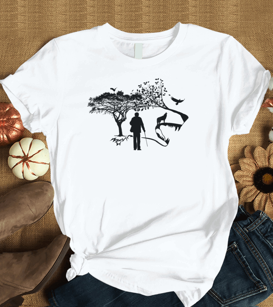 Old Man and Wolf in Forest T-Shirt