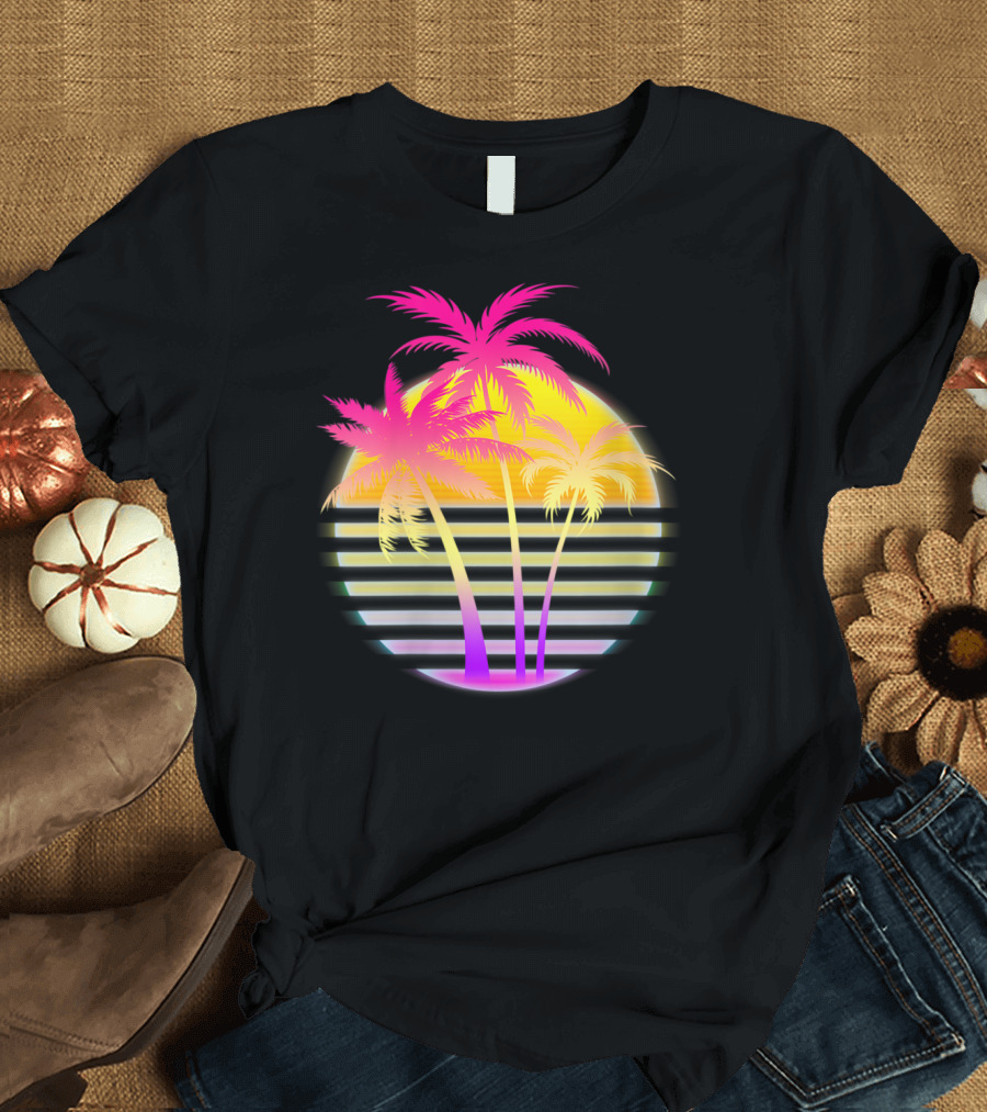 Retro 1980S 1990S Vaporwave Palm Trees Sunset Beach Aesthetic T-Shirt