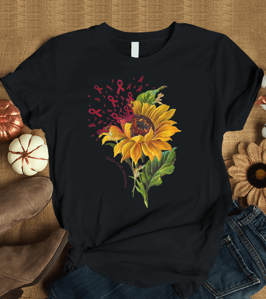 Sickle Cell Awareness Sunflower with Red Ribbons T-Shirt