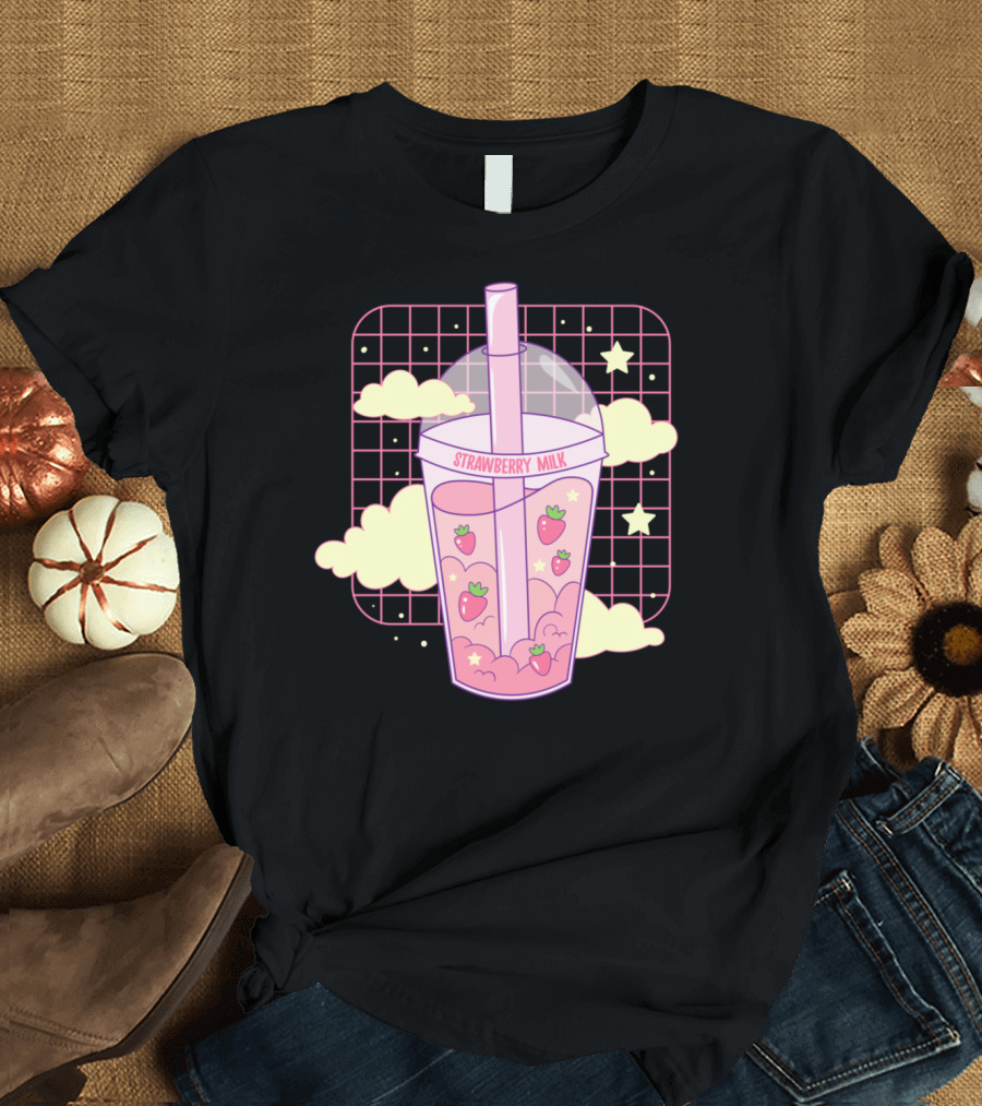 Strawberry Milk Boba Milkshake Vaporwave Aesthetic Retro Grid Clouds Stars T-Shirt