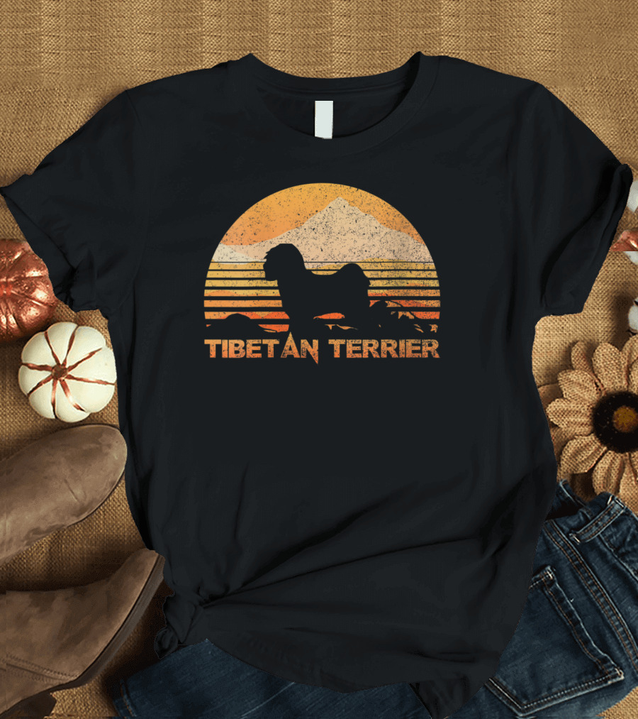 Tibetan Terrier Sunset Silhouette Vintage Lover T-Shirt