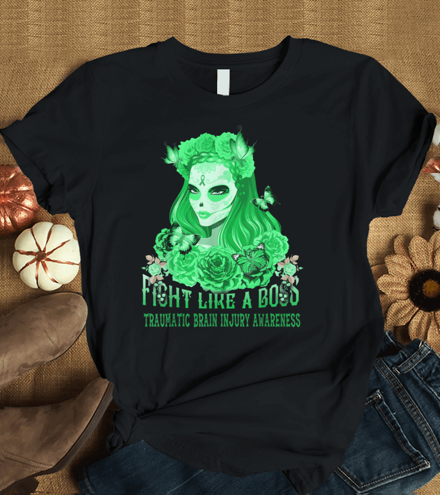 Fight Like a Boss Traumatic Brain Injury Awareness Skull Flower T-Shirt