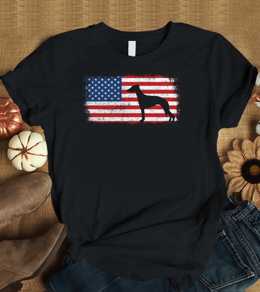 Whippet Silhouette Over American Flag Patriotic T-Shirt