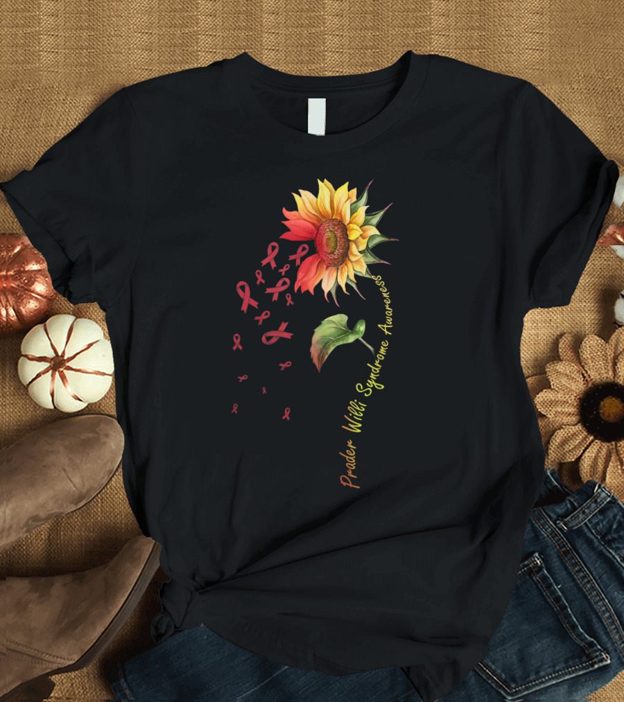 Prader Willi Syndrome Awareness Sunflower with Red Ribbons T-Shirt