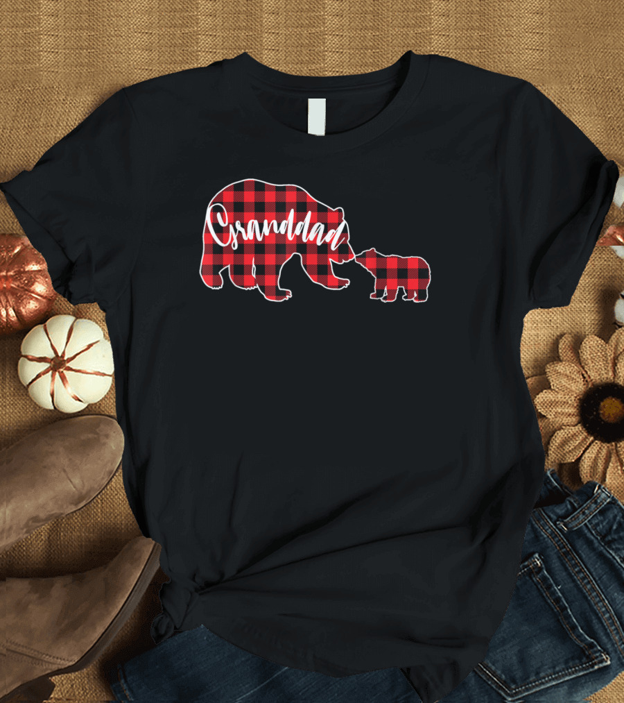 Granddad Bear Red Plaid with One Cub T-Shirt