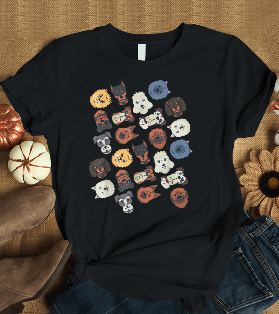 Dogs Head Pattern Dobermann Poodle Husky Faces T-Shirt