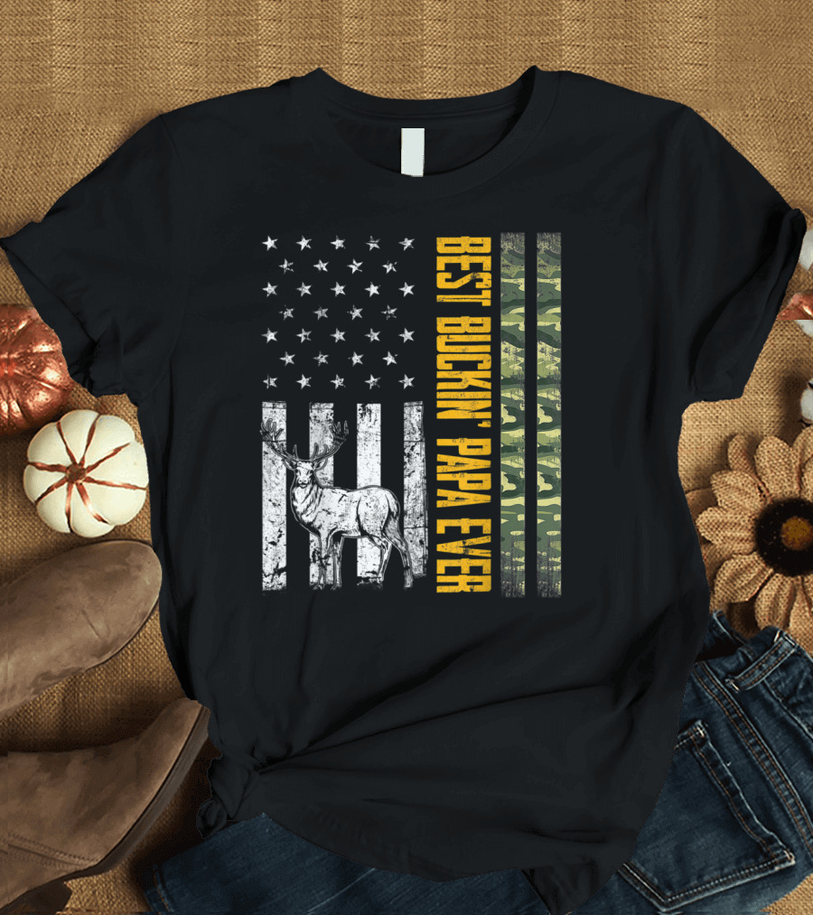 Best Buckin' Papa Ever USA Flag Camo Deer T-Shirt