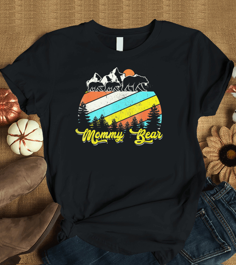Mommy Bear With Cubs Retro Sunset Forest T-Shirt