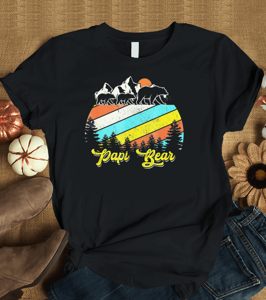 Papi Bear With Cubs Retro Mountain Sunset T-Shirt