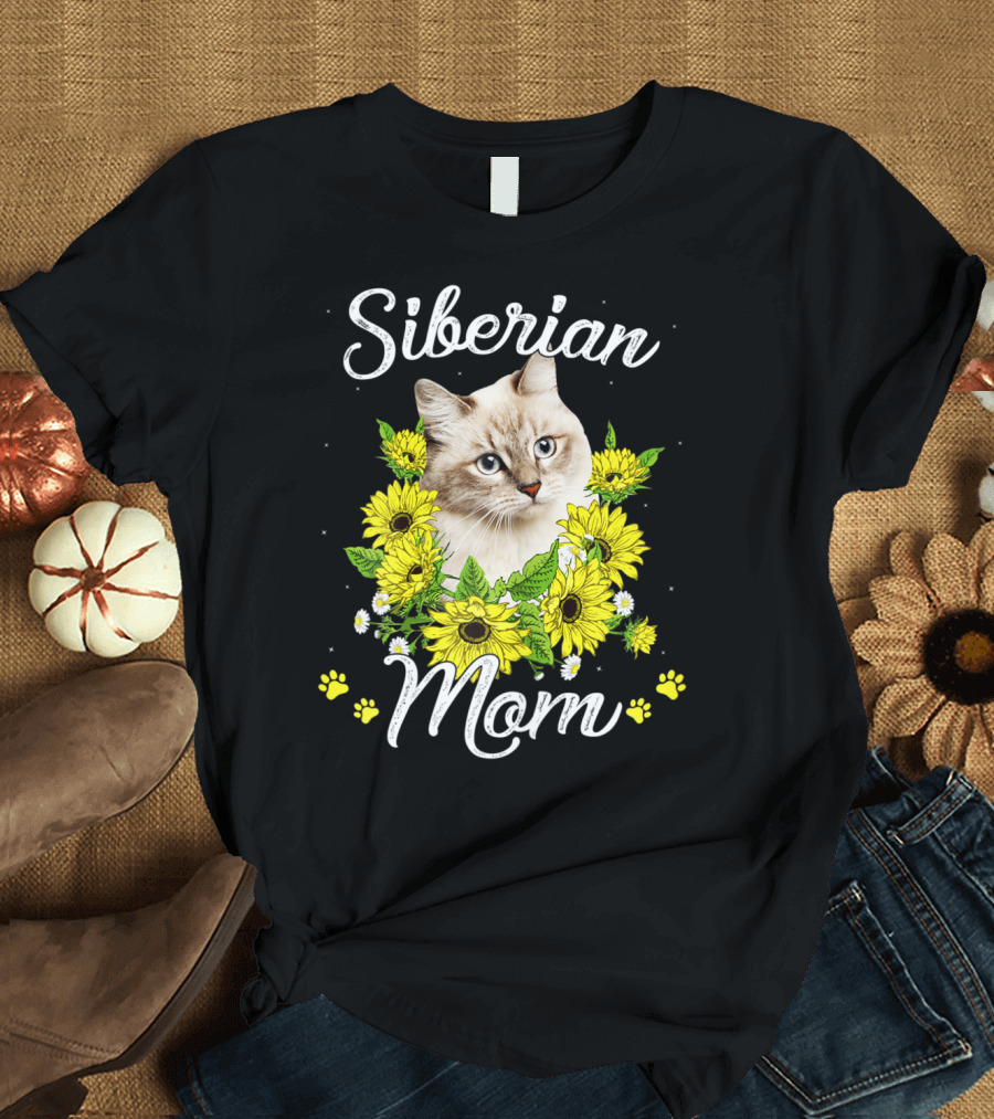 Siberian Cat Mom with Sunflowers Mother's Day T-Shirt