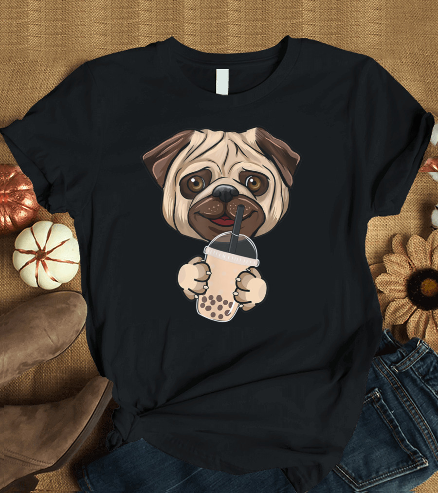 Cute Giant Pug Holding Milk Tea Lover Mania Unique T-Shirt