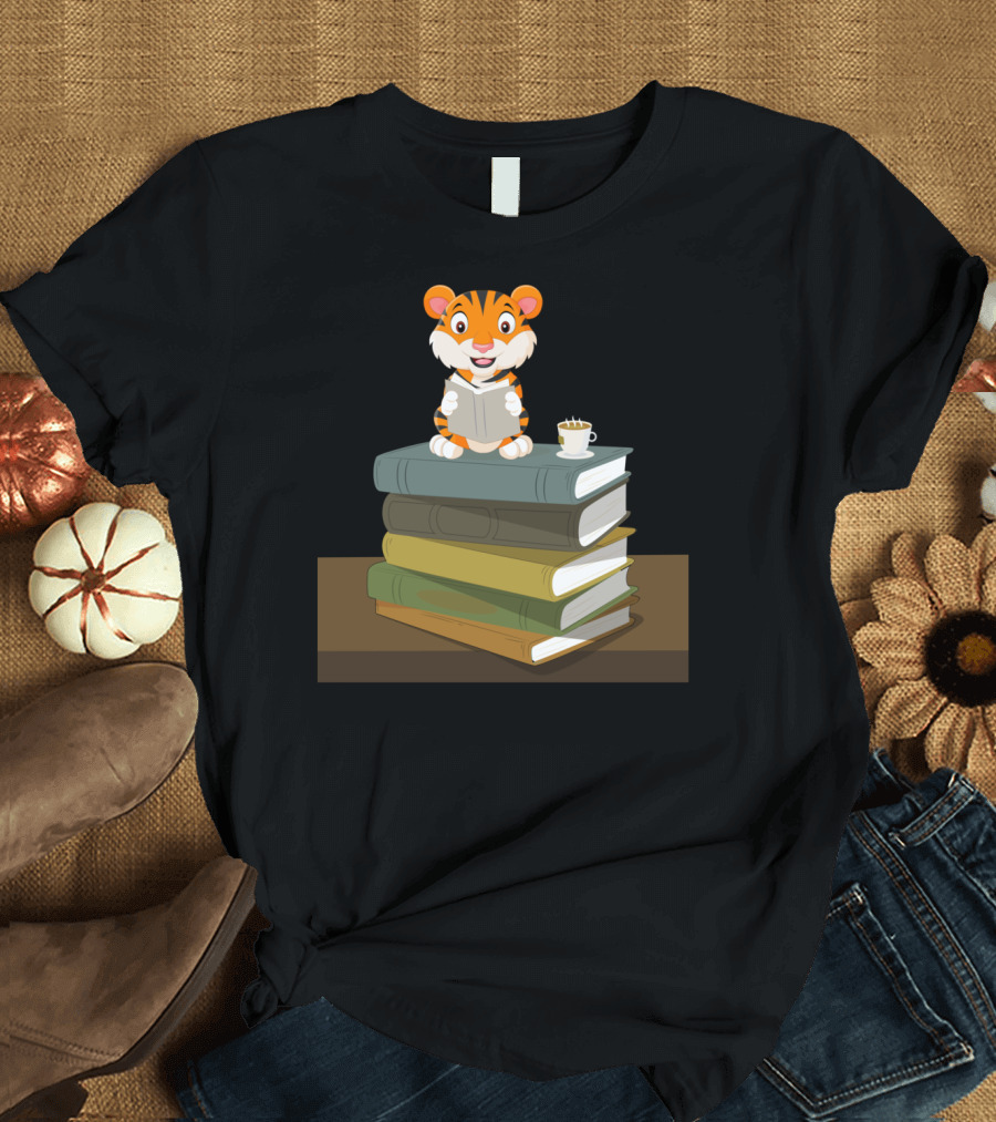 Tiger Reads Books with Coffee on Stack T-Shirt