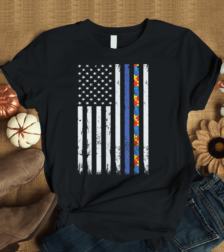 Thin Blue Line Flag Police Autism Support July Fourth T-Shirt